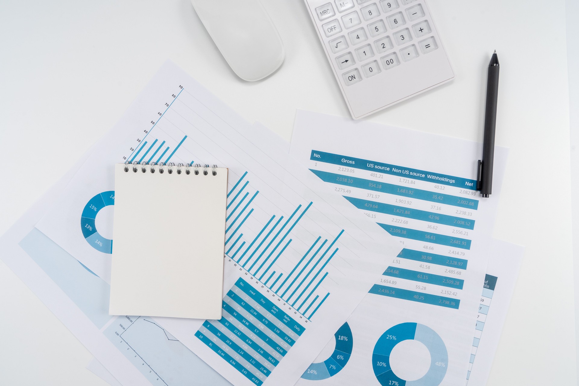 White business office desk with calculator, notepad, financial chart and other tools for work.